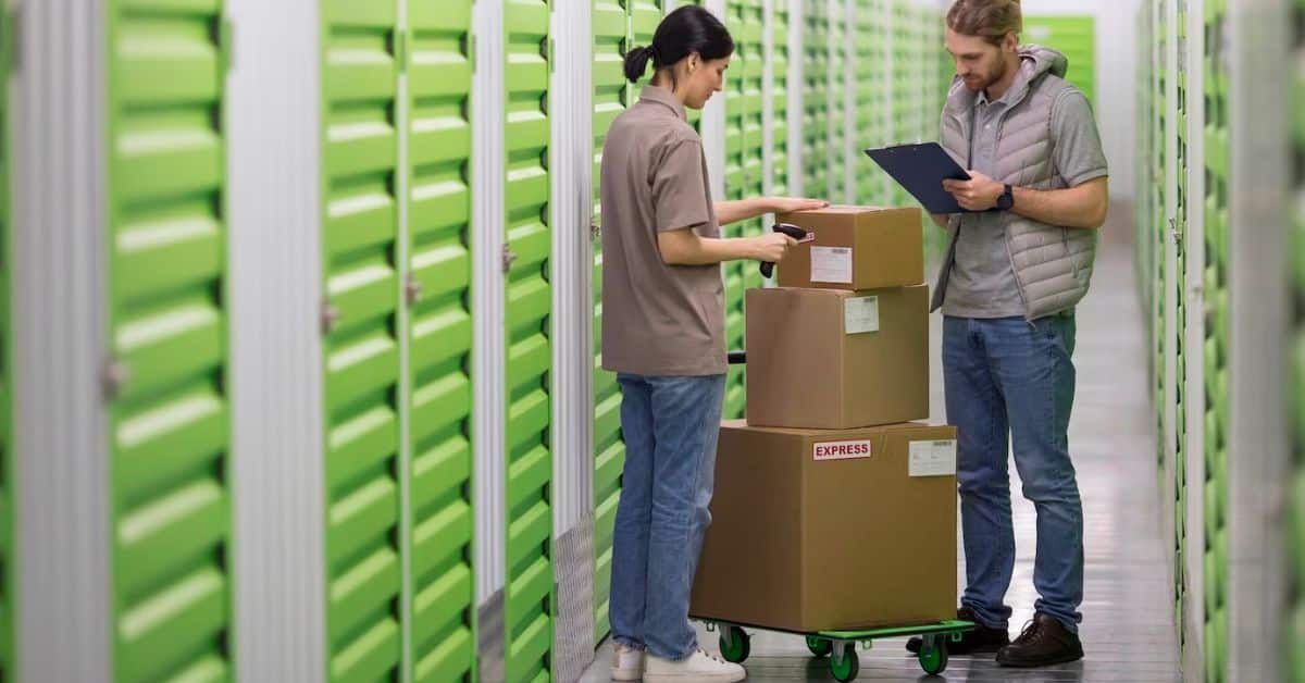woman scanning products at Self storage warehouse